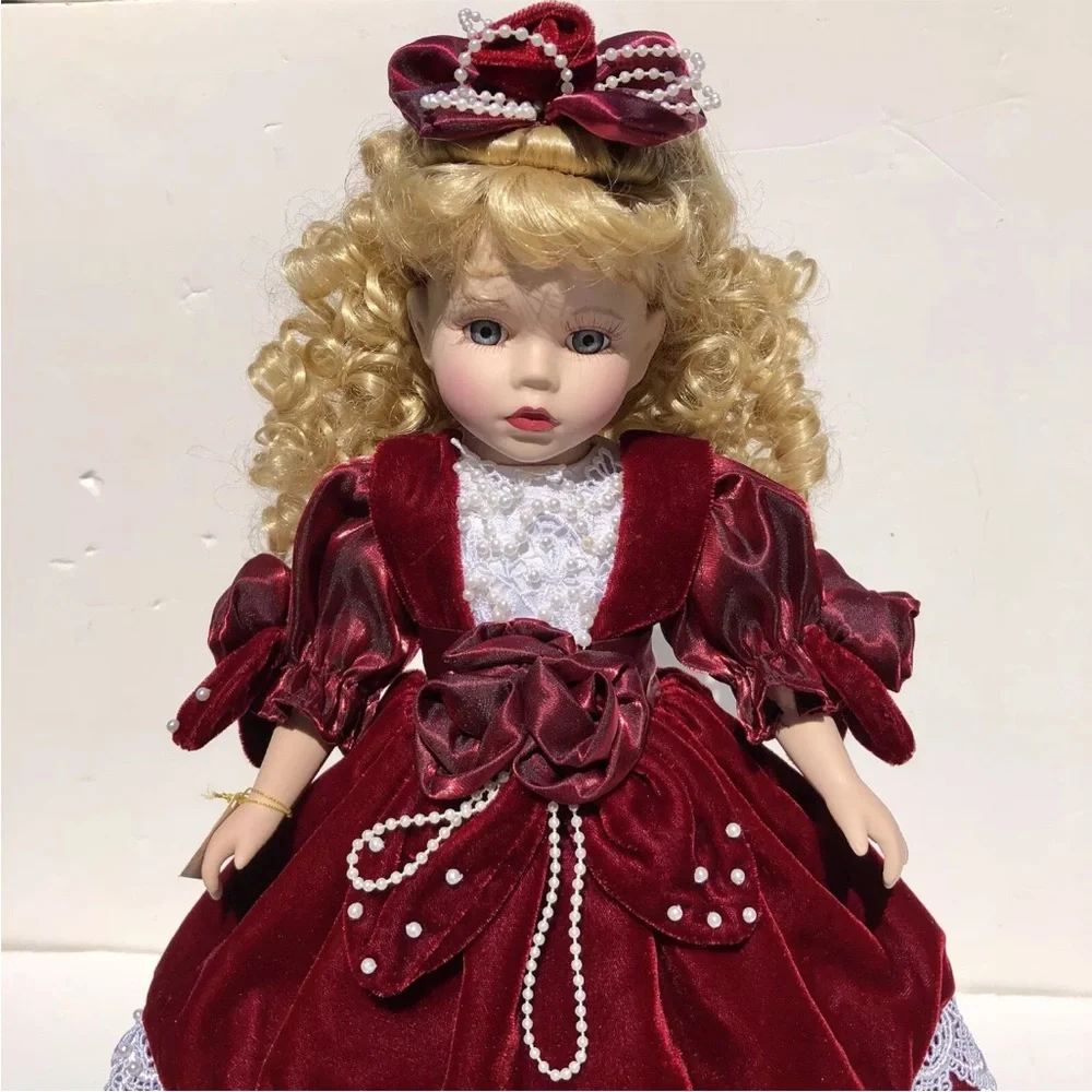 Porcelain Dolls Collectible by Melissa Jane Wooden Stand in Red Dress Blue Eyes - Picture 3 of 9